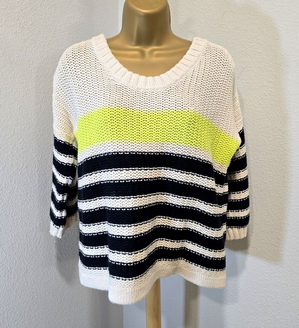 Handknit Pure Cotton Sweater Med Chunky Knit Coastal Nautical Stripe Blue Yellow